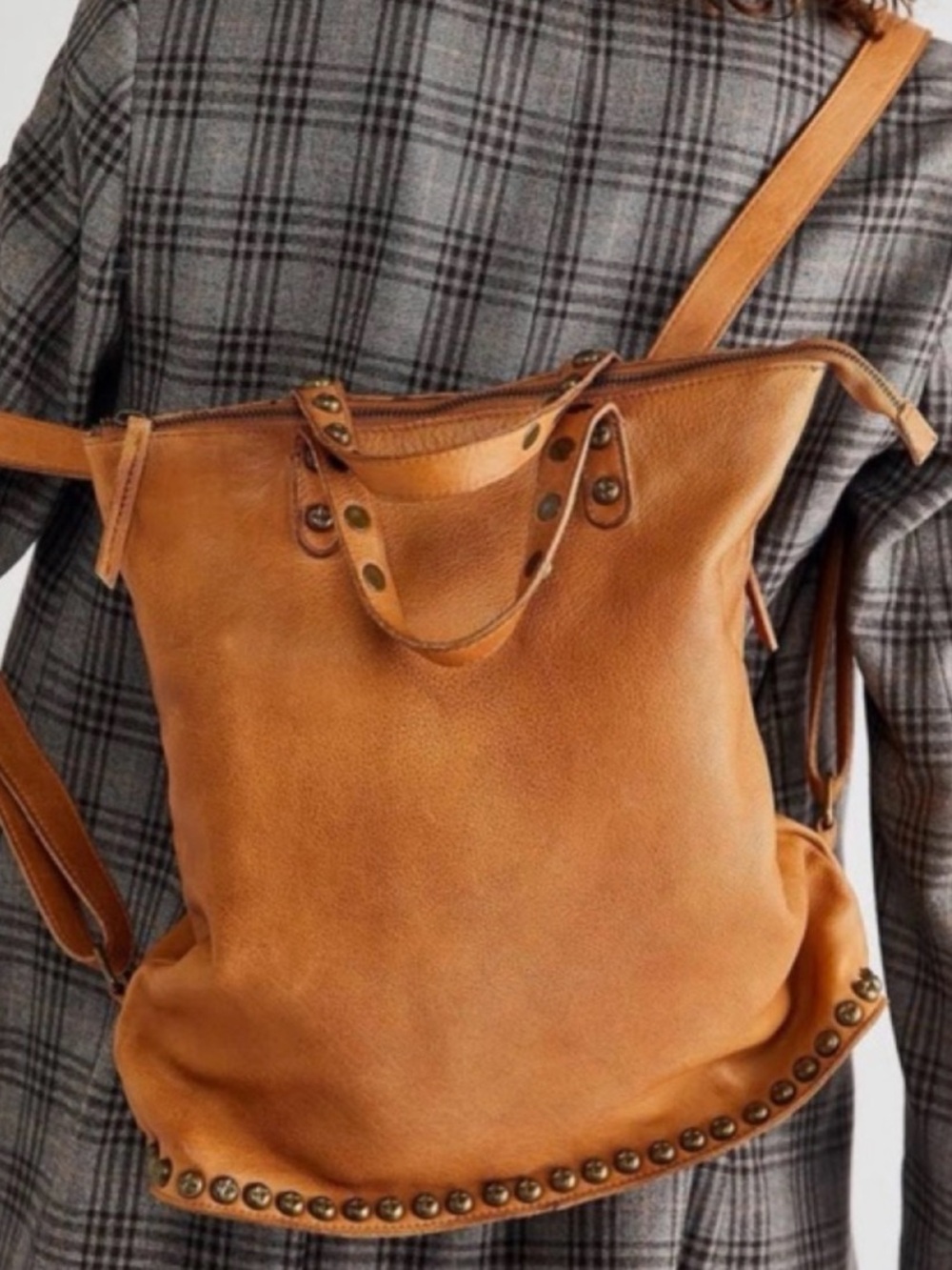 Free People FP Collection Ellie Leather Studded Backpack – Camel Tan Boho - Picture 2 of 15